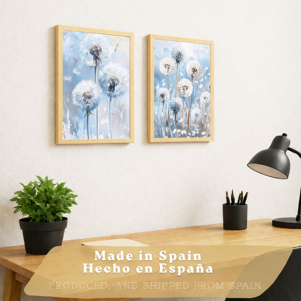 POSTER 2er Kunstdruck-Set Wandbilder Blumen Blau modern Wohnzimmer Deko, Schlafzimmer, Küche, Badezimmer Leichter Holzrahmen A4 - Beige, Papier (29.7/1/21cm) - Nacnic