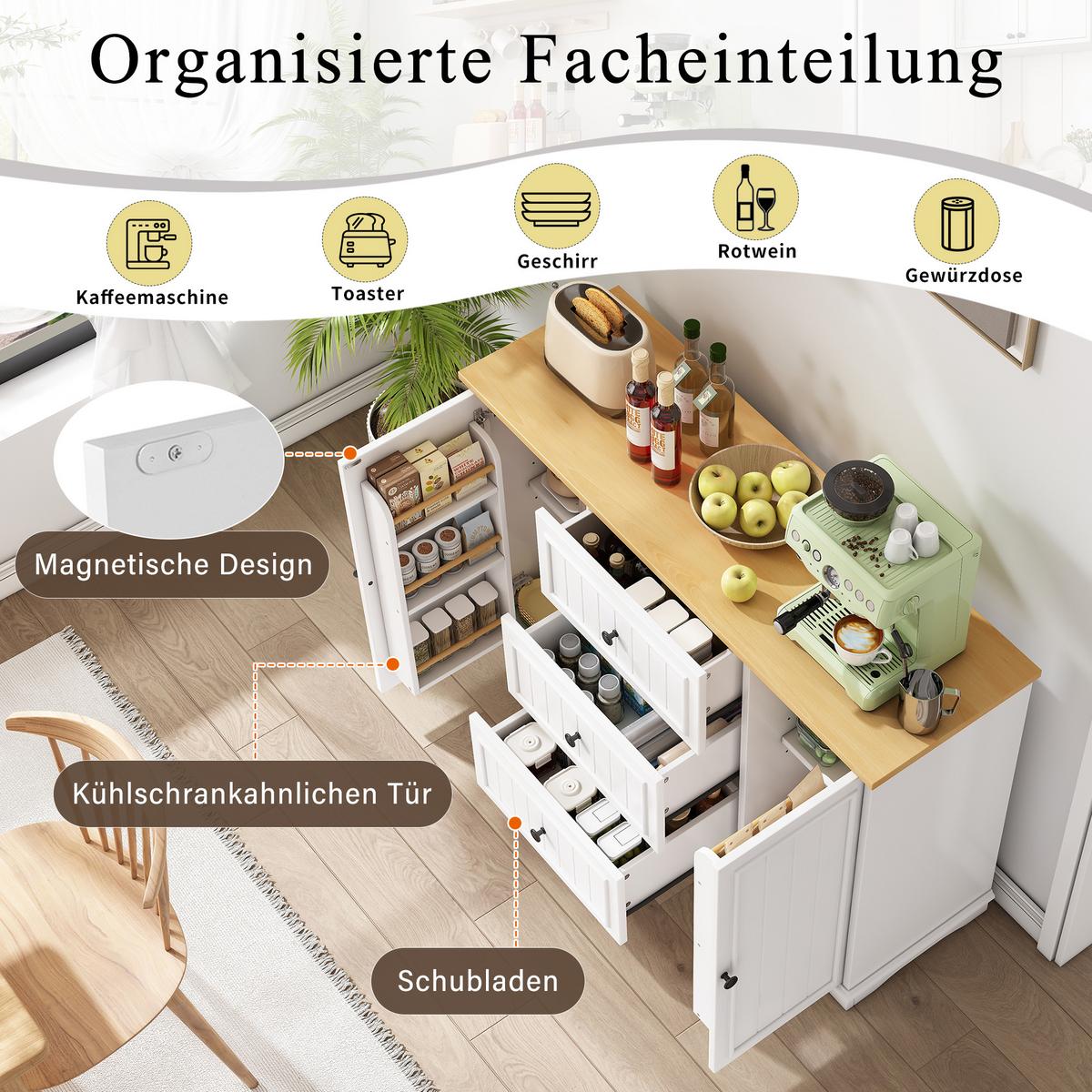 SIDEBOARD mit 3 schubladen & kühlschrank-türen - Weiß, Holzwerkstoff (126/86/40cm) - Urban Meuble