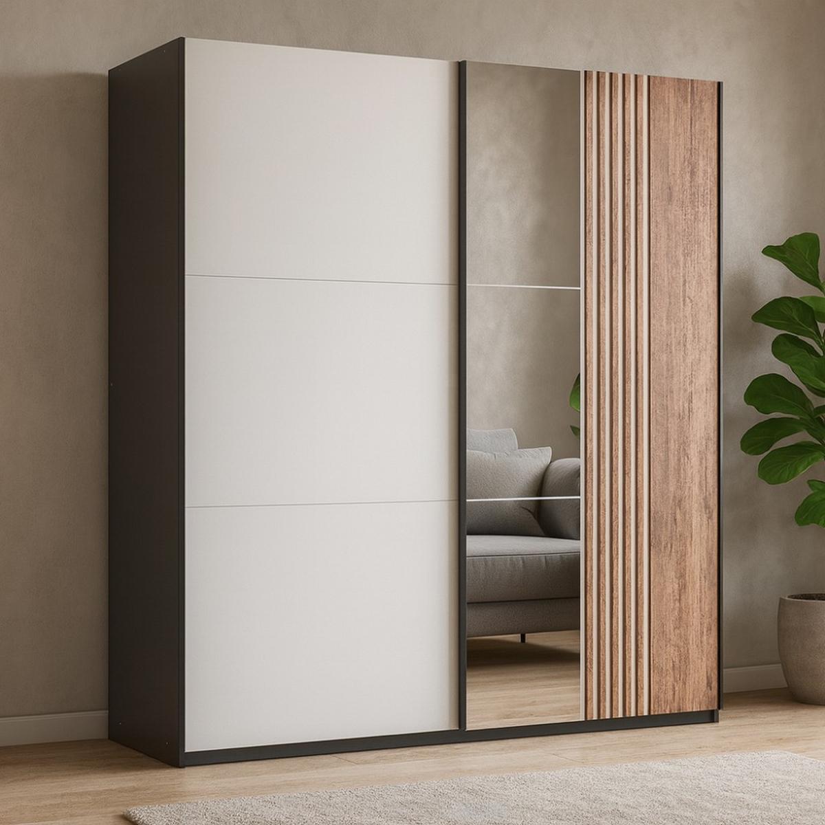 SCHWEBETÜRENSCHRANK Evia mit 2 Türen und Spiegel, 203 cm - Eiche Wotan/Schwarz, Holzwerkstoff (203/215/65cm) - Beautysofa