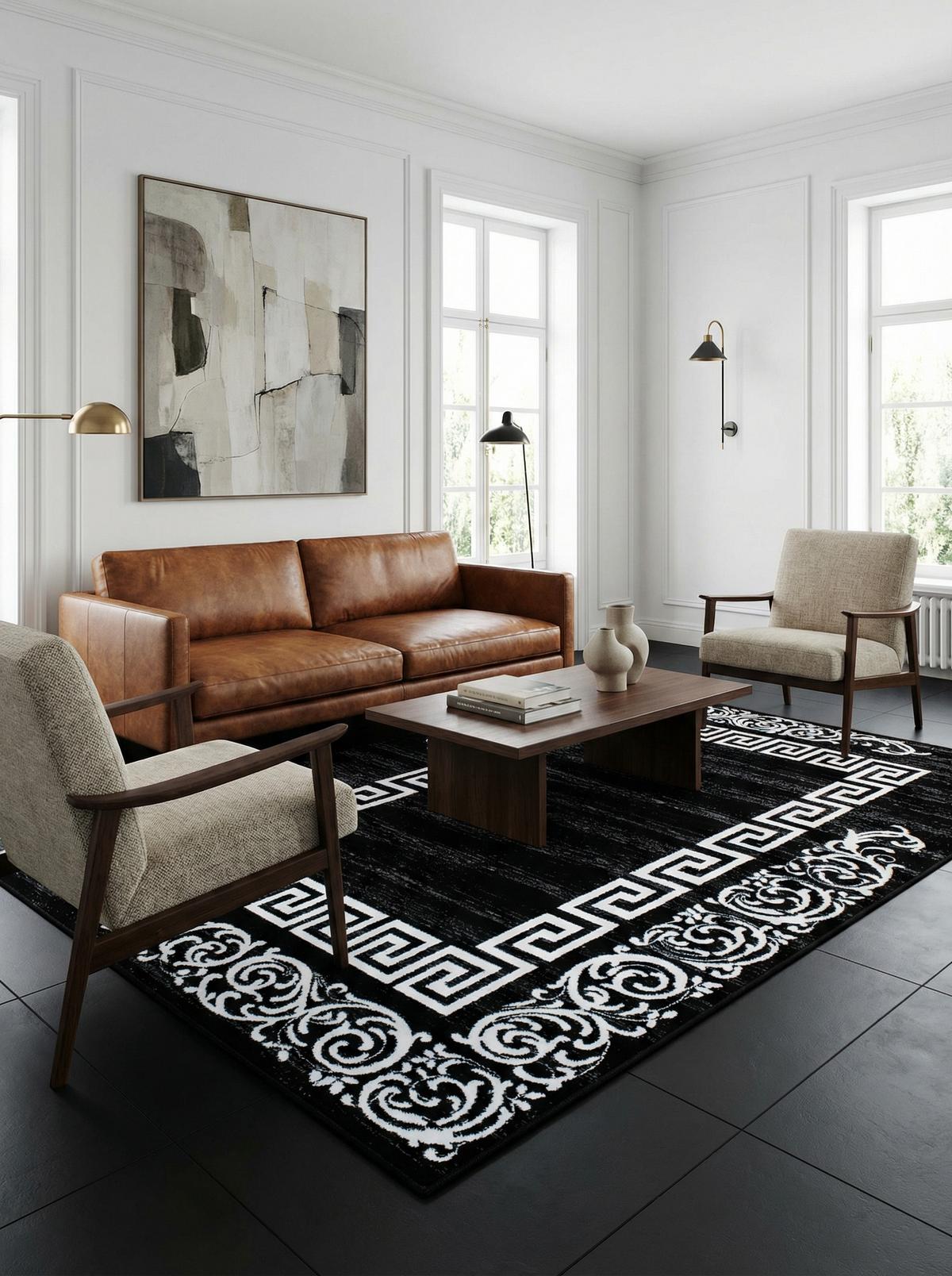 TEPPICH Kurzflor ASPEN in Schwarz, mit Mäander-Muster, 80 x 150 cm - Schwarz, Textil (150/80cm) - KADIMA DESIGN