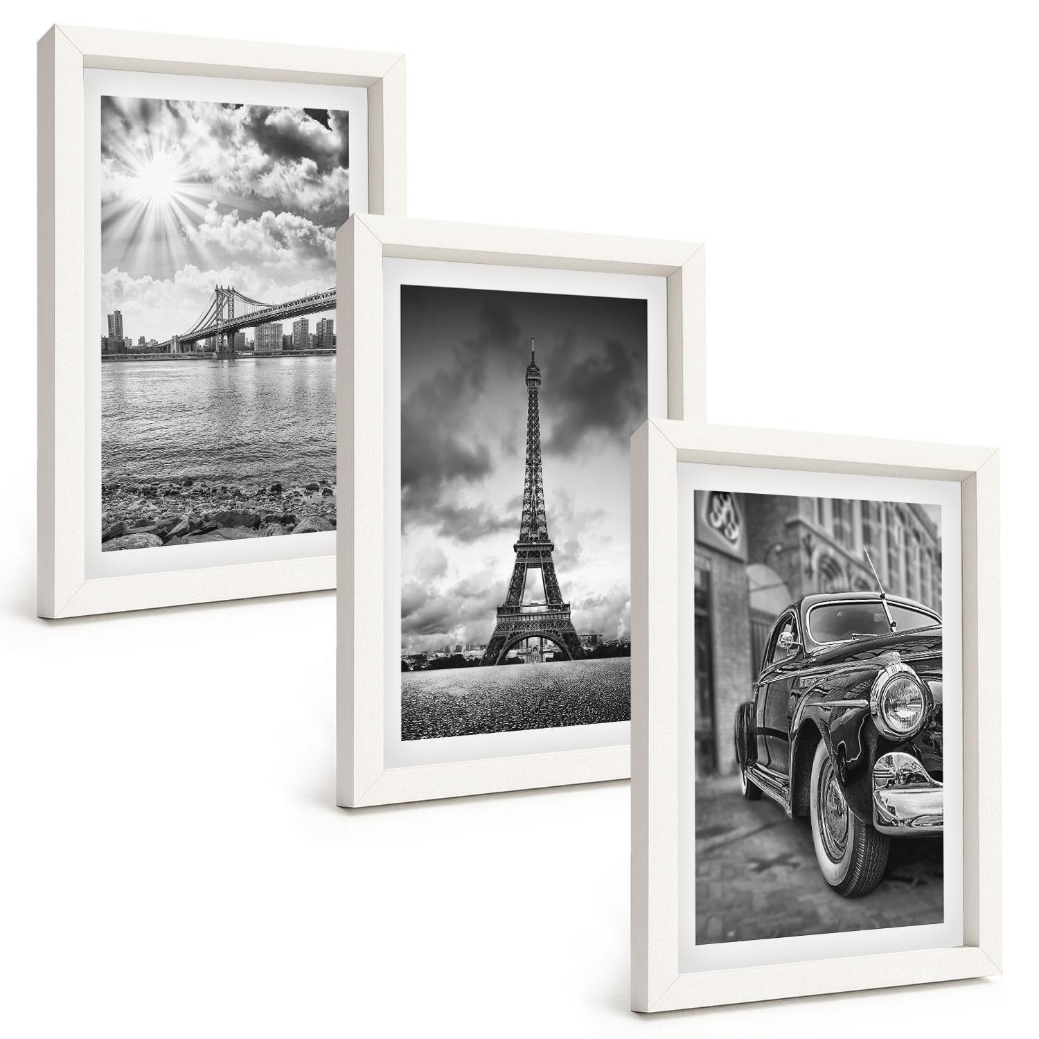 BILDER SET 3er Set - 20x30 cm Weißer Rahmen - Stadtansichten, Brücken, Eiffelturm - Weiß, Kunststoff (20/30cm) - TULUP