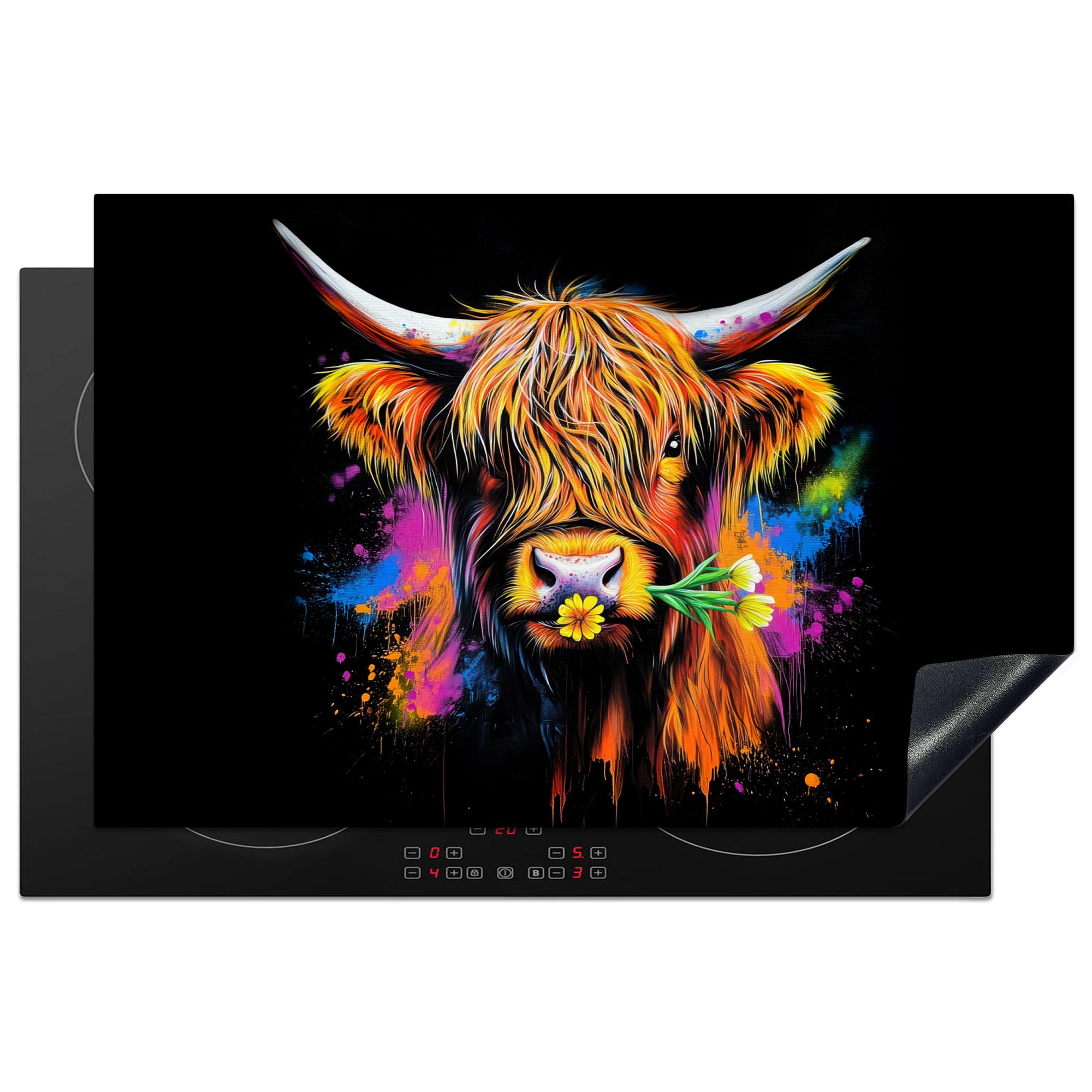 HERDABDECKPLATTE Schottischer Highlander - Graffiti - Bunt - Blume - Tiere Induktionsschutz 81.6x52.7 cm - Multicolor, Kunststoff (81.6/52.7/0.2cm) - MuchoWow