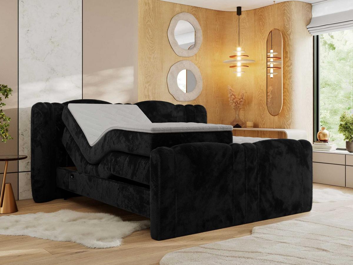 BOXBETT FORTINA 160/200 - Schwarz Plüsch - H4 - Schwarz, Holz/Textil (160/200cm) - MKS