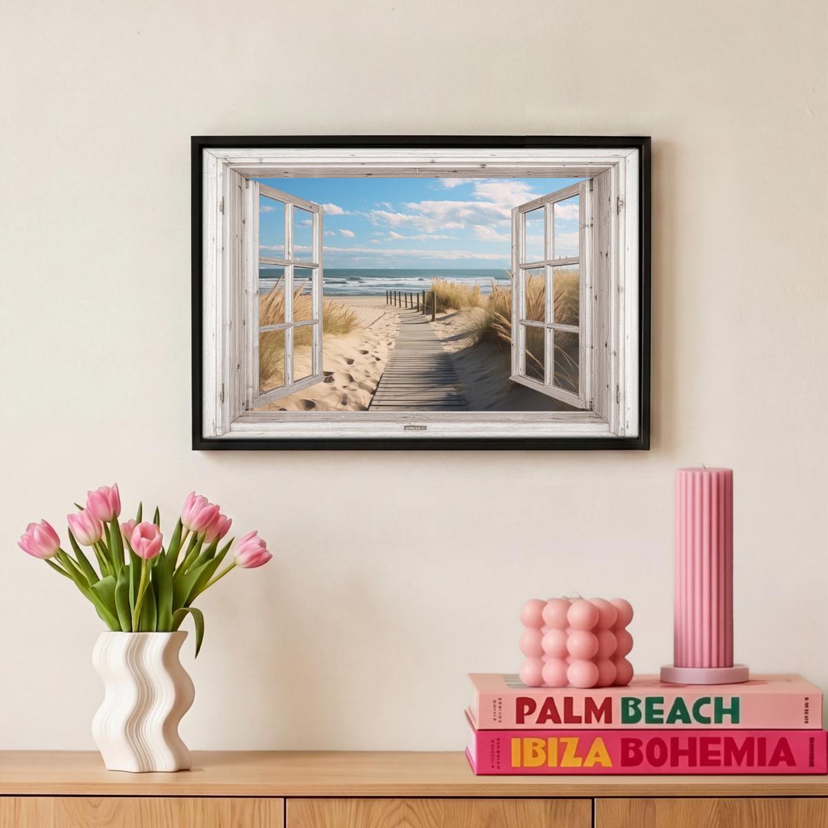 LEINWAND Bilder mit Rahmen - Fenster - Meer - Küste - Natur - Ausblick - Strand - Wattenmeer - 30x20 - Beige, Textil (30/20cm) - MuchoWow