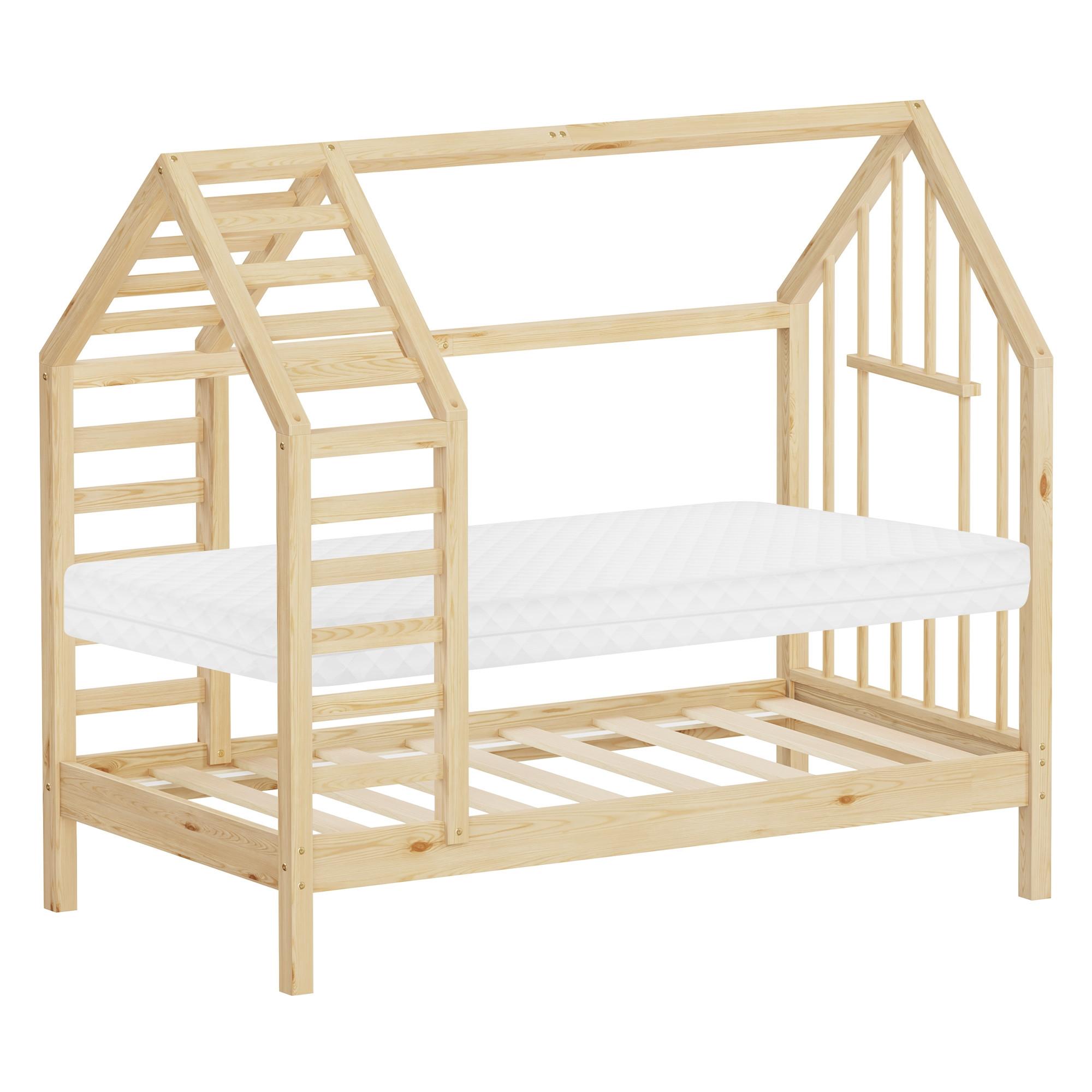 KINDERBETT 70x140 cm mit Matratze Lattenrost & Dach Hausbett aus massivem Kiefernholz Natur - Naturfarben, Holz (70/140cm) - ML-DESIGN