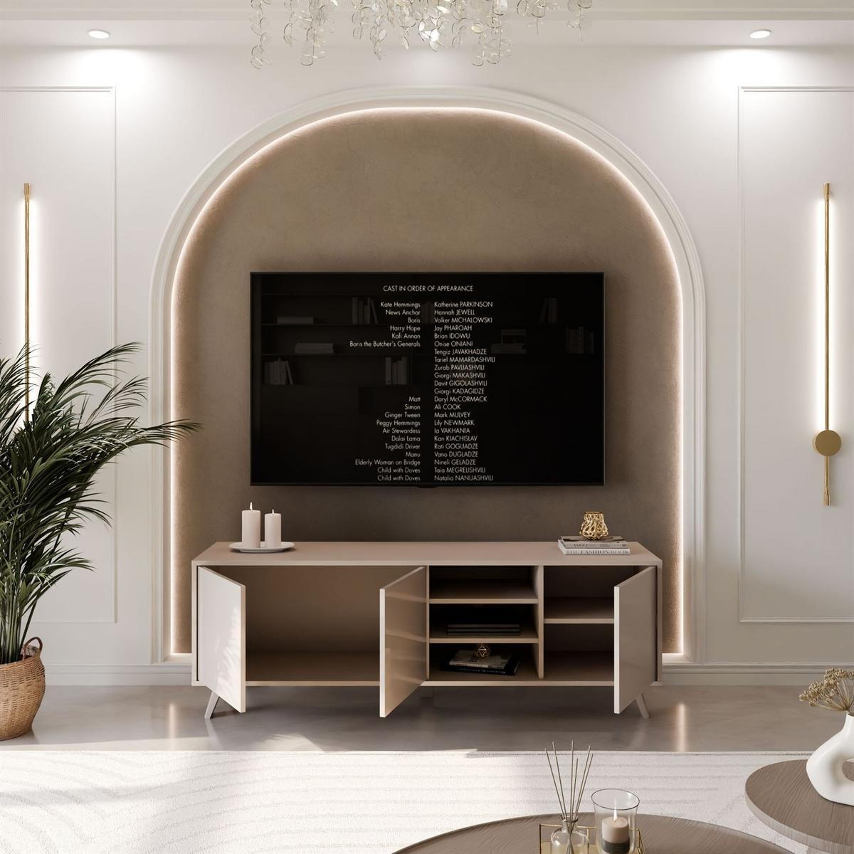 TV-SCHRANK SANAYI mit hohen Kunststoffbeinen Kaschmir Hochglanz - Beige, Holzwerkstoff (156/54/38cm) - Lookway