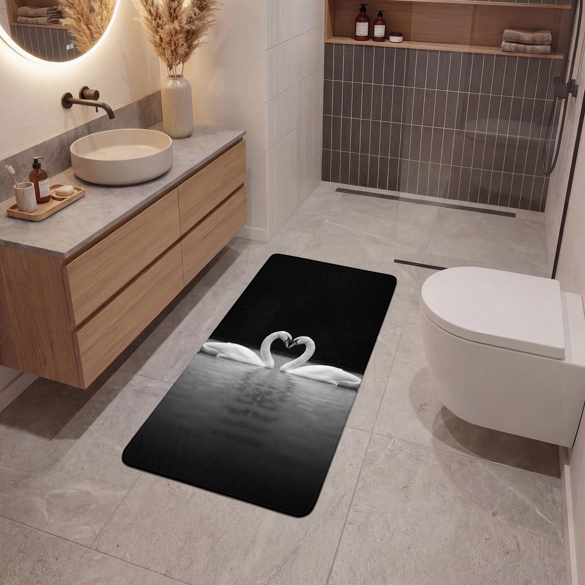 BADEMATTE Schwäne - Herz - Schwarz - Weiß 60x120 cm - Schwarz, Textil (60/120cm) - OnlyWow