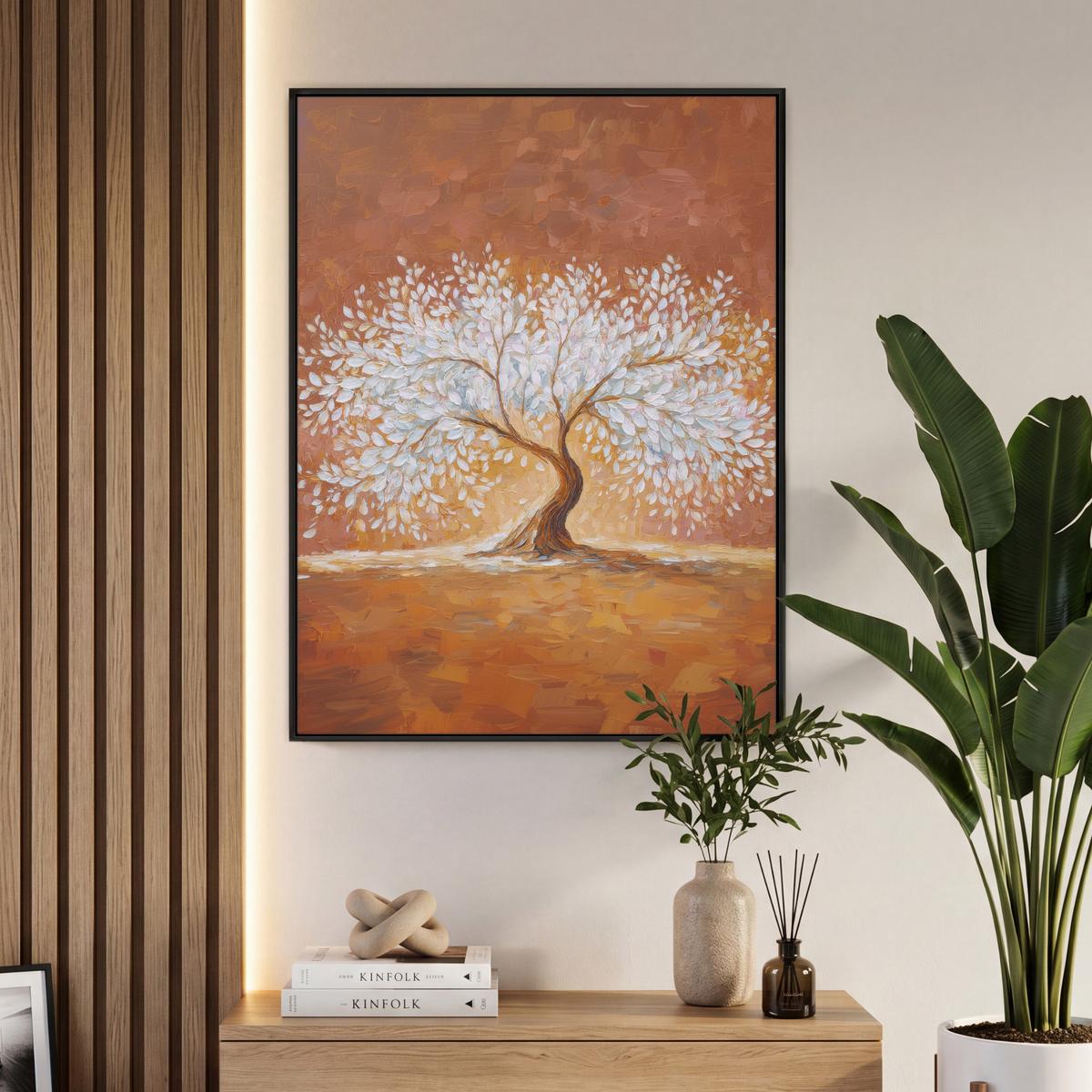 LEINWAND Bilder mit Rahmen - Abstrakt - Baum - Weiß - Blätter - 70x100 - Braun, Textil (70/100cm) - MuchoWow