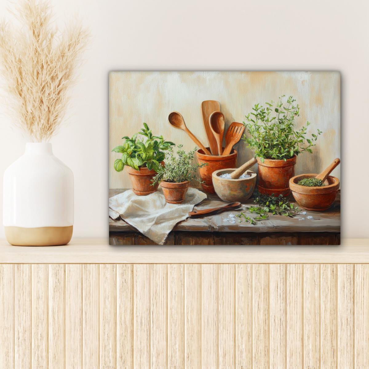 LEINWANDBILD Töpfe - Kräuter - Holz Wandbild 40x30 cm - Terracotta, Textil (40/30cm) - MuchoWow