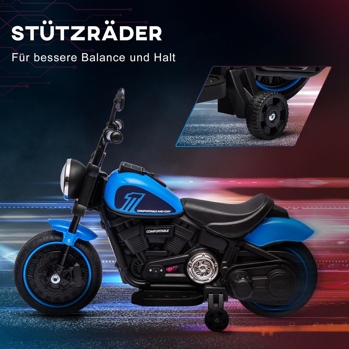 KINDERMOTORRAD Kinder Elektro-Motorrad Elektrofahrzeug für 1,5-3 Jahre Kinder - Blau, Metall (76/42/57cm) - HOMCOM