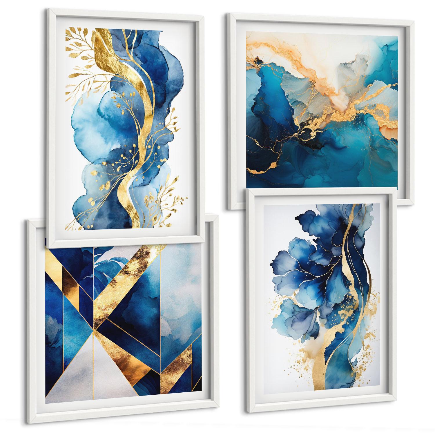 BILDER SET 4er Set - 50x50 cm & 40x60 cm Weißer Rahmen - Blaue abstrakte Muster - Weiß, Kunststoff (50/50cm) - TULUP