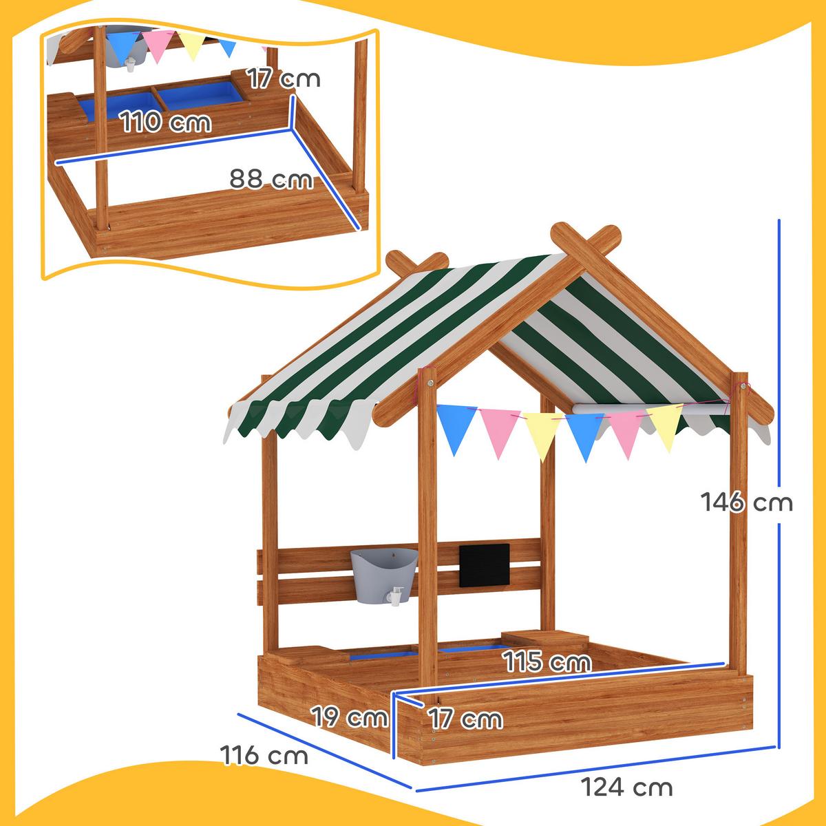 SANDKASTEN mit Dach, Sandkiste aus Holz mit Sitzplatz, Spielhaus für 3-7 Jahre - Orange, Holz (124/116/146cm) - Outsunny