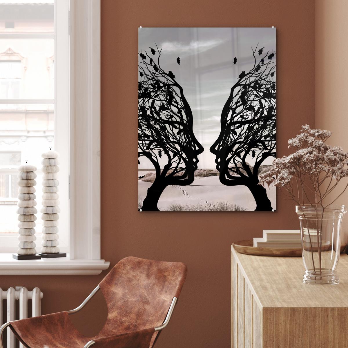 ACRYLGLASBILD Strand - Meer - Menschen - Baum - Moderne Kunst 60x80 cm - Hellgrau, Glas (60/80cm) - MuchoWow