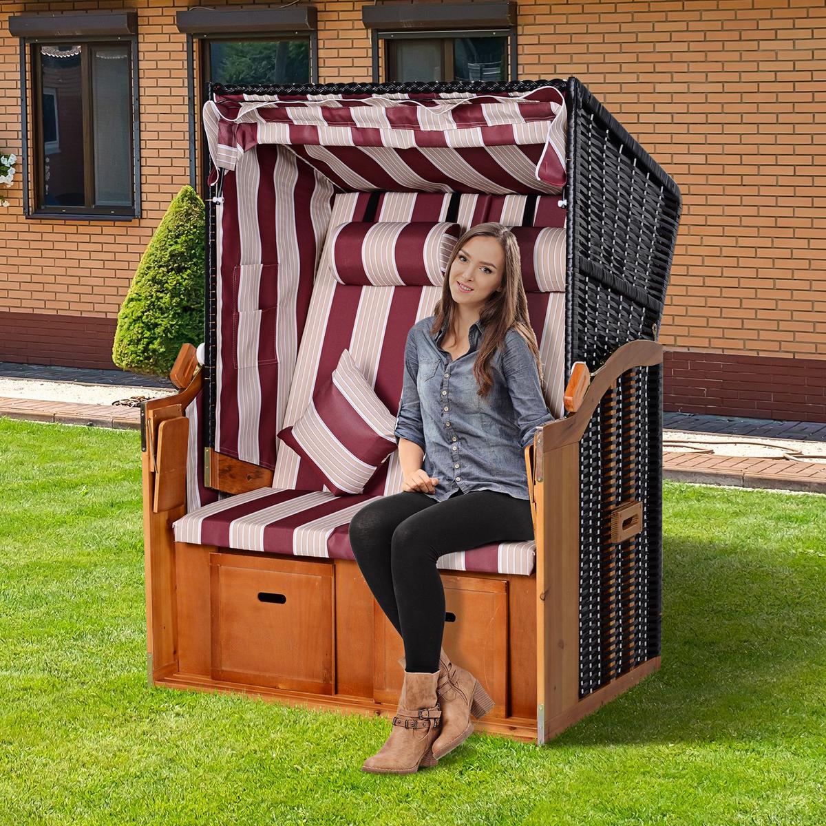 DOPPELTE Sonnenliege mit Dach 5-stufige Rückenlehne PE-Rattan Rot+Weiß 118 x 79 x 160 cm - Weiß, Kunststoff (79/160/118cm) - Outsunny