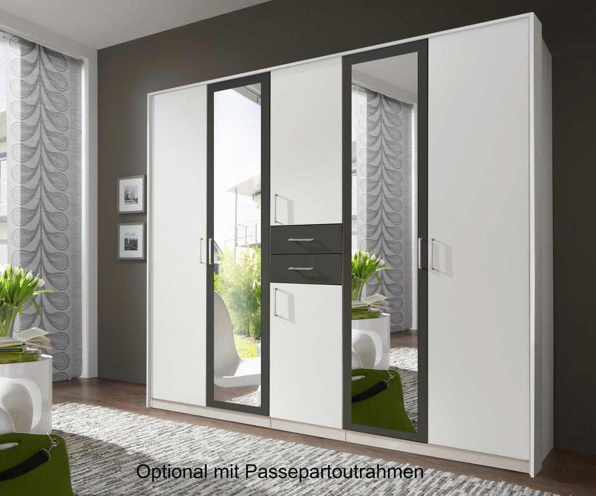 DREHTÜRENSCHRANK B225/H208/T58 cm, Weiß mit Absetzungen in Grafit, Kleiderschrank mit 2 Spiegeltüren & Schubkästen / 22590 - Silberfarben/Graphitfarben, Holzwerkstoff/Kunststoff (225/208/58cm) - luma-home
