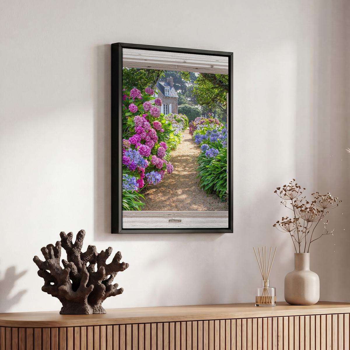 LEINWAND Bilder mit Rahmen - Hortensie - Durchsichtig - Blumen - Sommer - Lila - Weg - 20x30 - Lila, Textil (20/30cm) - MuchoWow