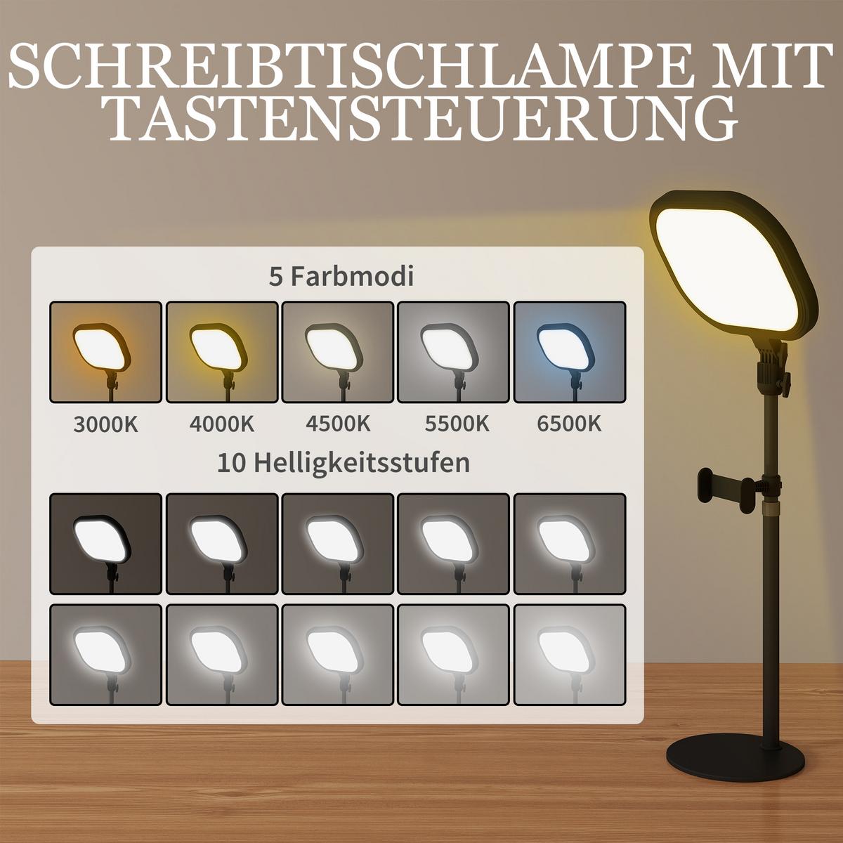 TISCHLAMPE Tischleuchte mit Telefonhalterung, 5 Farbmodi & 10 Helligkeitsstufen - Schwarz, Metall (23/23/65cm) - HOMCOM