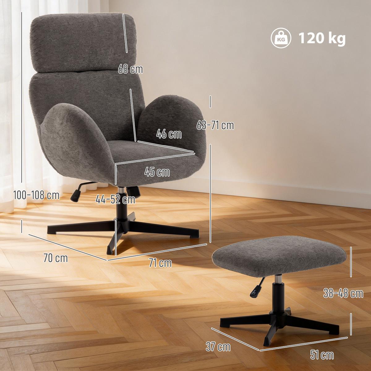 RELAXSESSEL mit Hocker Polyester Grau - Schwarz/Grau, Textil/Metall (70/108/71cm) - HOMCOM