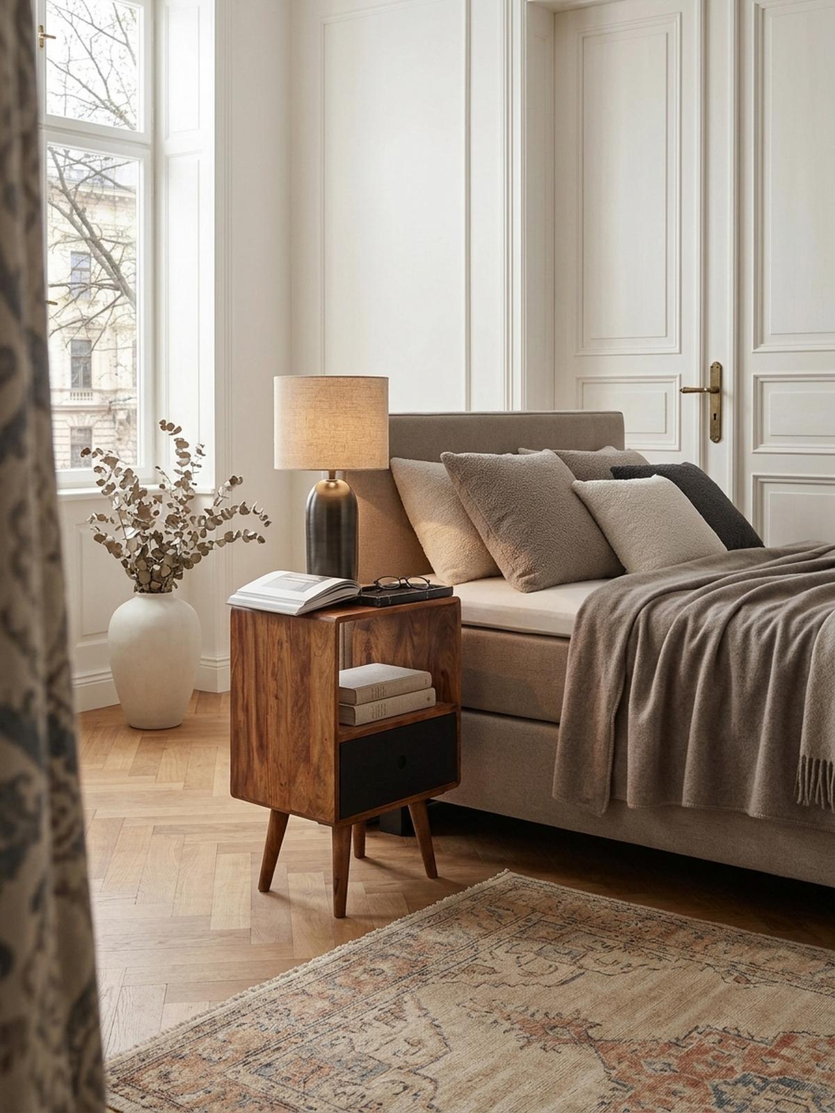 NACHTTISCH – Massivholz, 70 cm hoch, Retro-Stil, für Boxspringbett - Schwarz/Braun, Holz (40/70/35cm) - KADIMA DESIGN