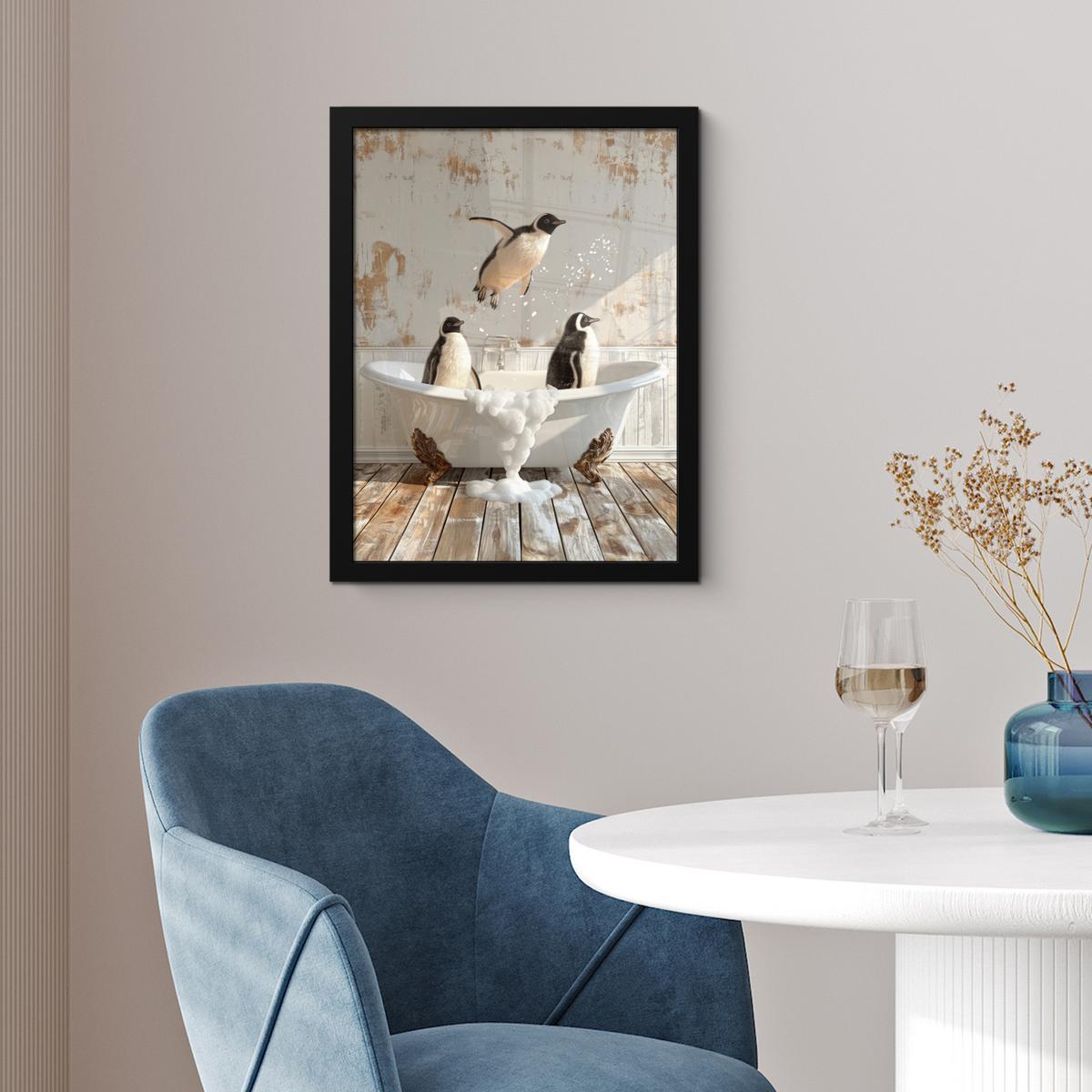 POSTER MIT RAHMEN Vintage - Pinguin - Badewanne - Schaumstoff Bilderrahmen 30x40 cm - Schwarz, Papier (30/40cm) - MuchoWow