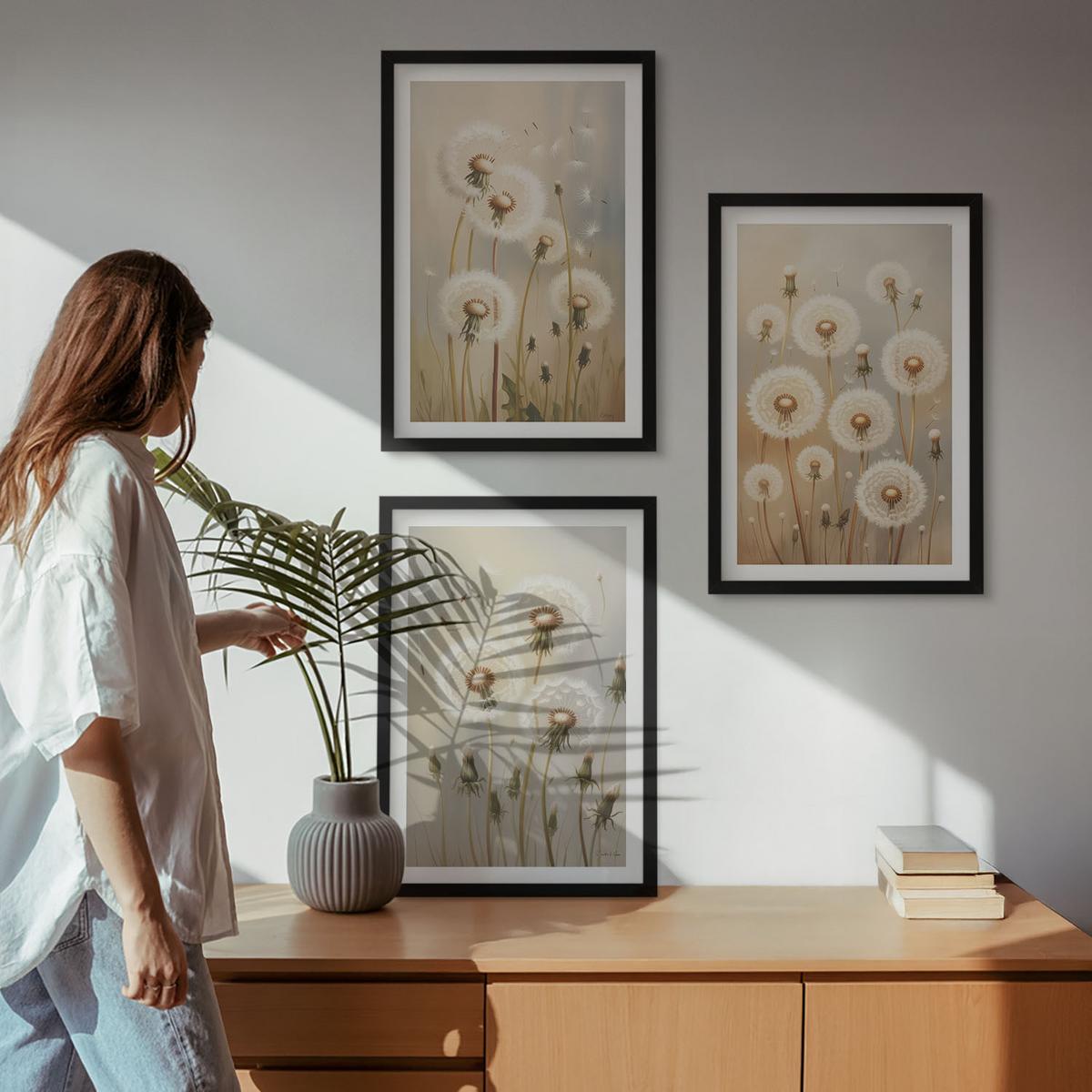 BILDER SET 3er Set - 40x60 cm Schwarzer Rahmen - Weiße Löwenzahnblüten auf hellem Hintergrund - Schwarz, Kunststoff (40/60cm) - TULUP