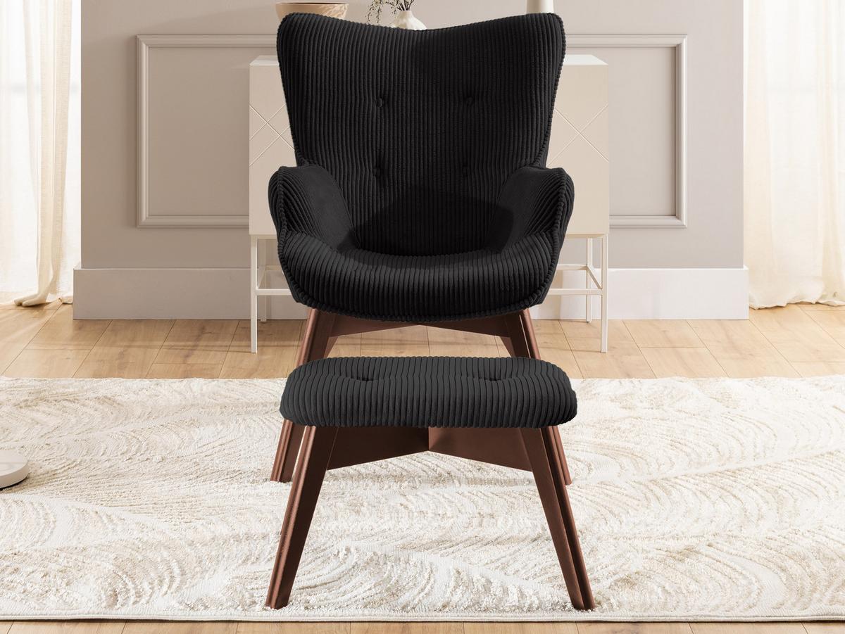 LOUNGESESSEL mit Fußhocker Lenari Schwarz Cordstoff mit Füßen in Braun - Schwarz/Braun, Holz/Textil (71/96/86cm) - S-Style Möbel
