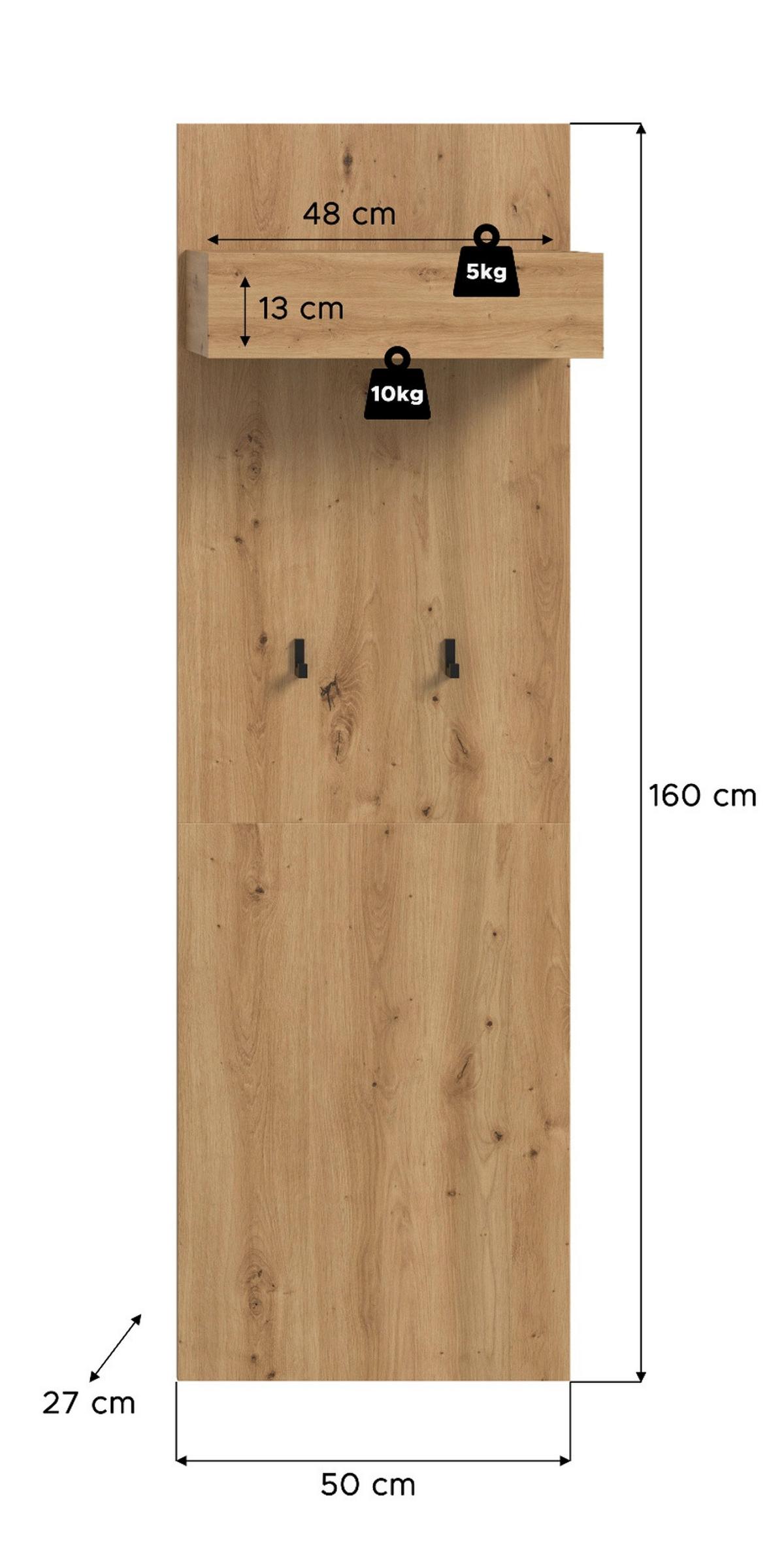 GARDEROBENPANEEL Artisan Eiche, Wandgarderobe 50 x 160 cm - Eiche Artisan, Holzwerkstoff (50/160/27cm) - Inn.Furn