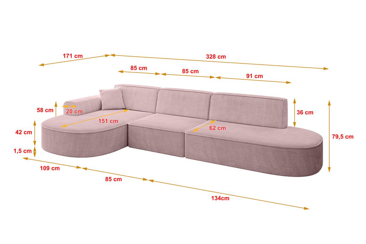 ECKSOFA Ottomane Links MARI-L2 - 328x171x79 cm Rosa Cord - Schwarz/Rosa, Holzwerkstoff/Kunststoff (171/321cm) - ALTDECOR