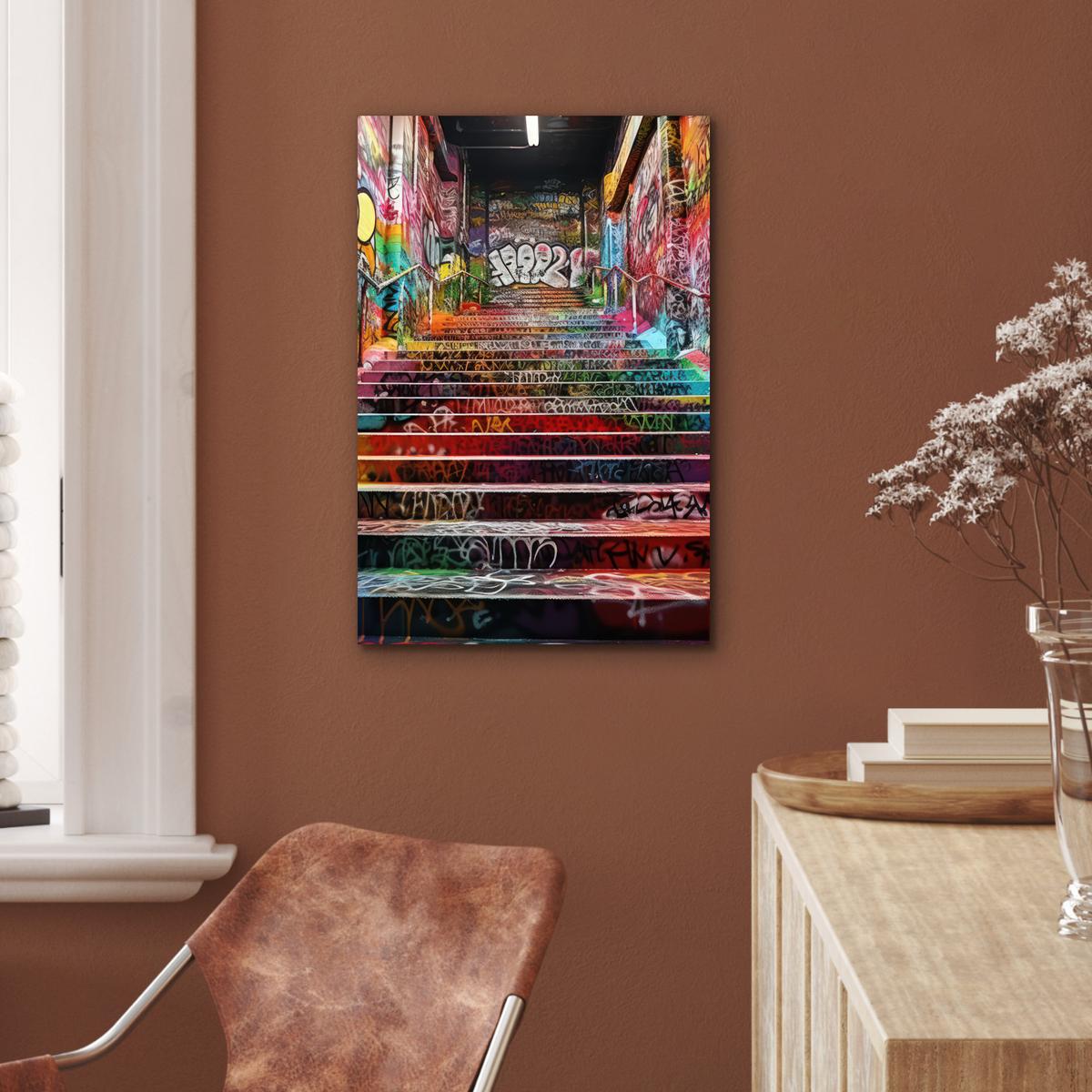 METALLBILD Treppe - Graffiti - Farben - Kunst Deko Schlafzimmer 40x60 cm - Multicolor, Metall (40/60cm) - MuchoWow