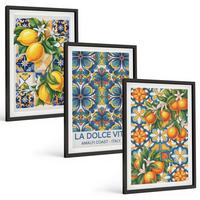 BILDER SET 3er Set - 40x60 cm Schwarzer Rahmen - Zitronen-Orangenblütenmuster - Schwarz, Kunststoff (40/60cm) - TULUP