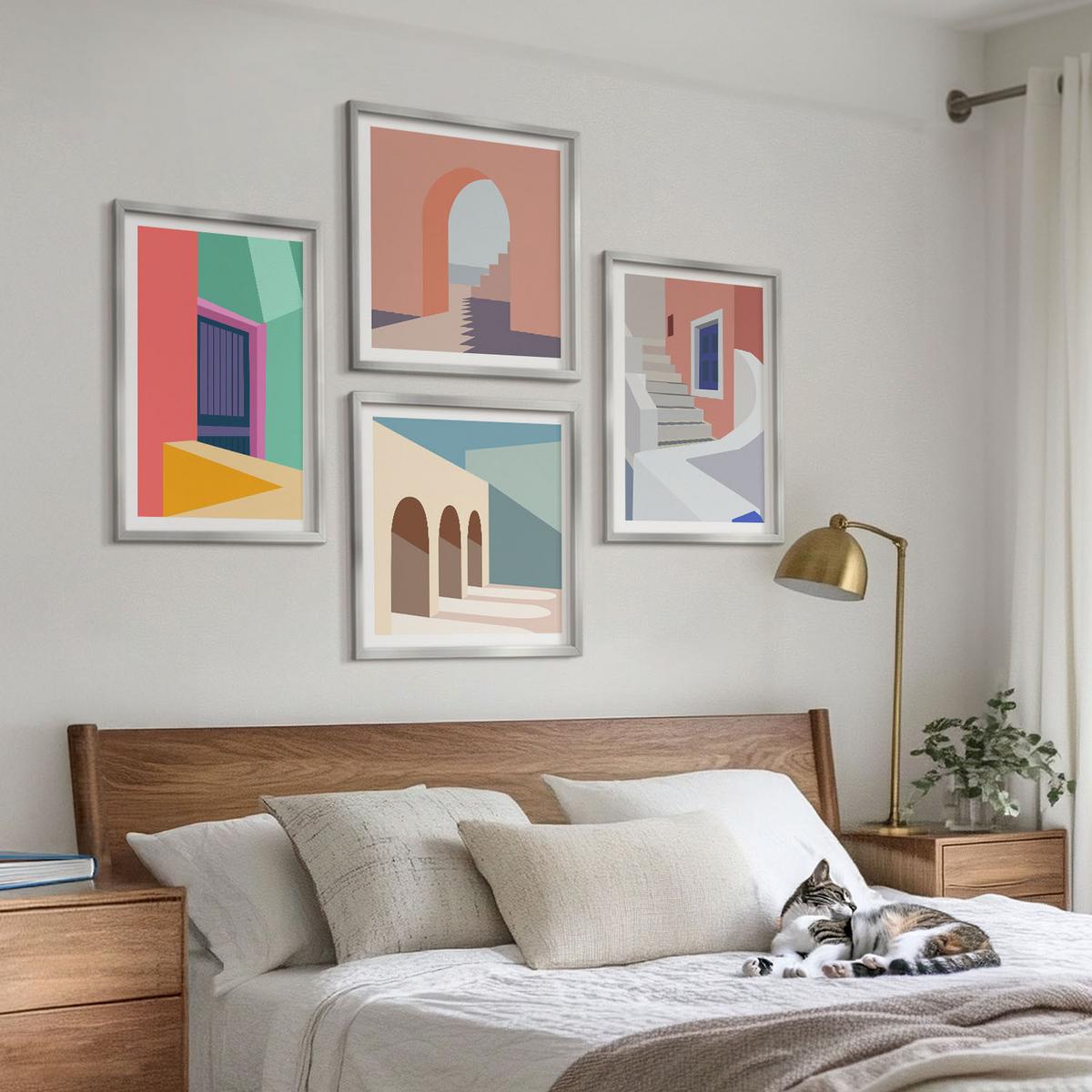BILDER SET 4er Set - 50x50 cm & 40x60 cm Silberner Rahmen - Farbenfrohe moderne Gebäude - Silberfarben, Kunststoff (50/50cm) - TULUP