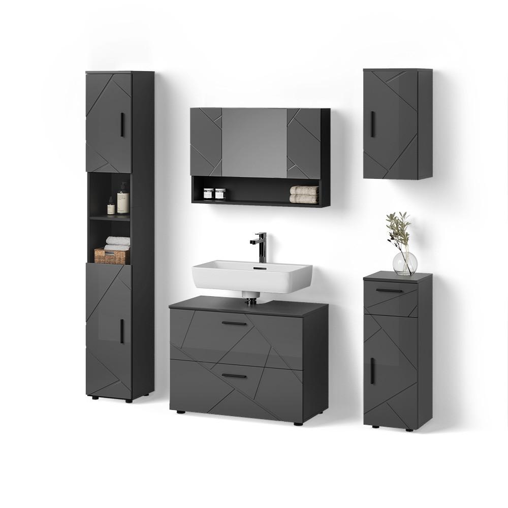 BADMÖBEL-SET Ronco Anthrazit Hochglanz 5 Teile - Schwarz Hochglanz, Holzwerkstoff (41/80/58cm) - Livinity®