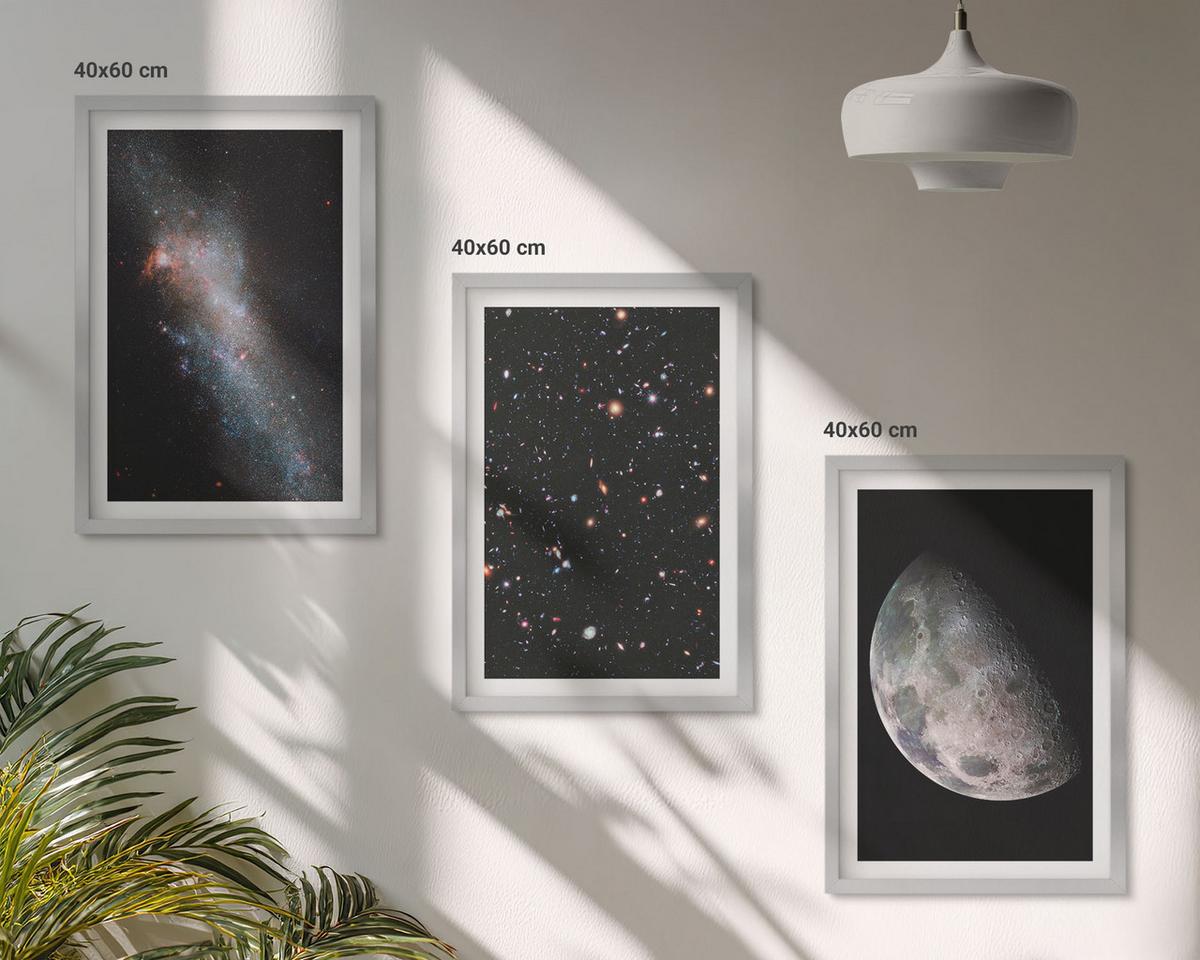 BILDER SET 3er Set - 40x60 cm Silberner Rahmen - Weltraum Galaxien Sterne Mond - Silberfarben, Kunststoff (40/60cm) - TULUP