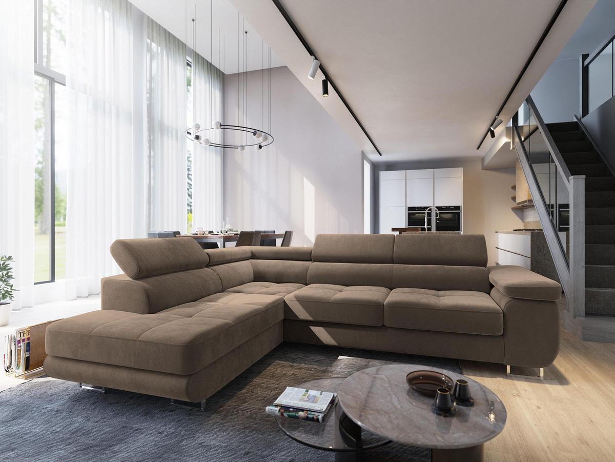 ECKSOFA SELVA L-S Beige Velours-Stoff mit Schlaffunktion - Beige/Silberfarben, Holz/Holzwerkstoff (275/202cm) - MASSENO