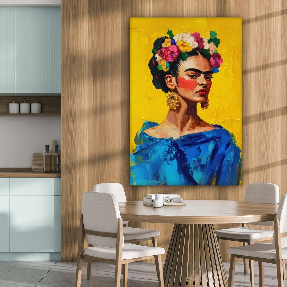LEINWANDBILD Frida Kahlo - Frau - Gelb - Blau - Blumen Deko XXL 80x120 cm - Gelb, Textil (80/120cm) - MuchoWow