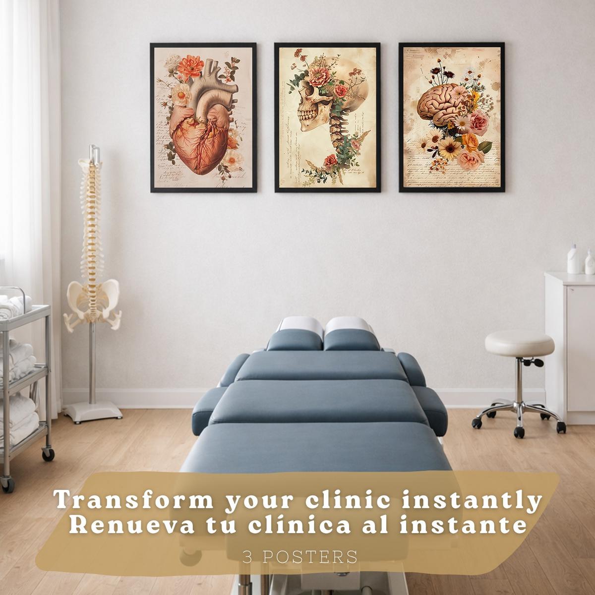 POSTER Set aus 3 Anatomie Mensch Drucke und Wandbilder mit Herz Gehirn und Schädel Vintage Floraler Stil Wanddekoration Größe Schwarzer Rahmen A4 - Schwarz, Papier (21/29.7/3cm) - Nacnic