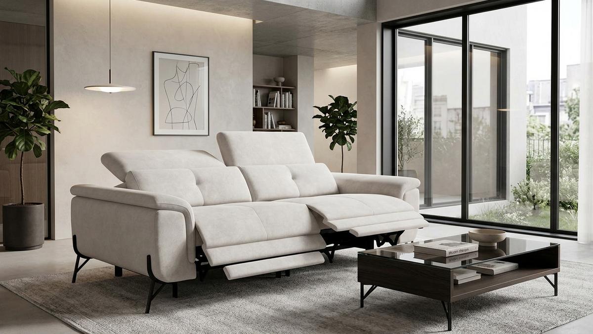 SOFA RELAX AVENA 3-Sitzer, beiger Veloursstoff - Beige/Schwarz, Holz/Textil (204/80/108cm) - Courtois Laville