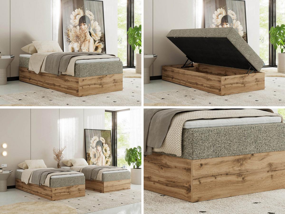 BOXBETT WOOD ZERO 90/200 - Grau Struktur - H4 - Topper Visco - Grau, Textil (90/200cm) - MKS