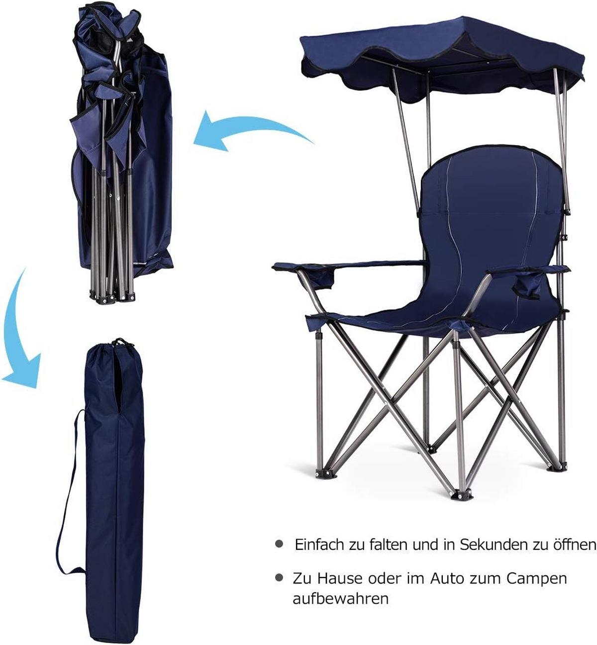 CAMPINGSTUHL mit Sonnendach Blau - Blau, Metall (97/130/68cm) - COSTWAY