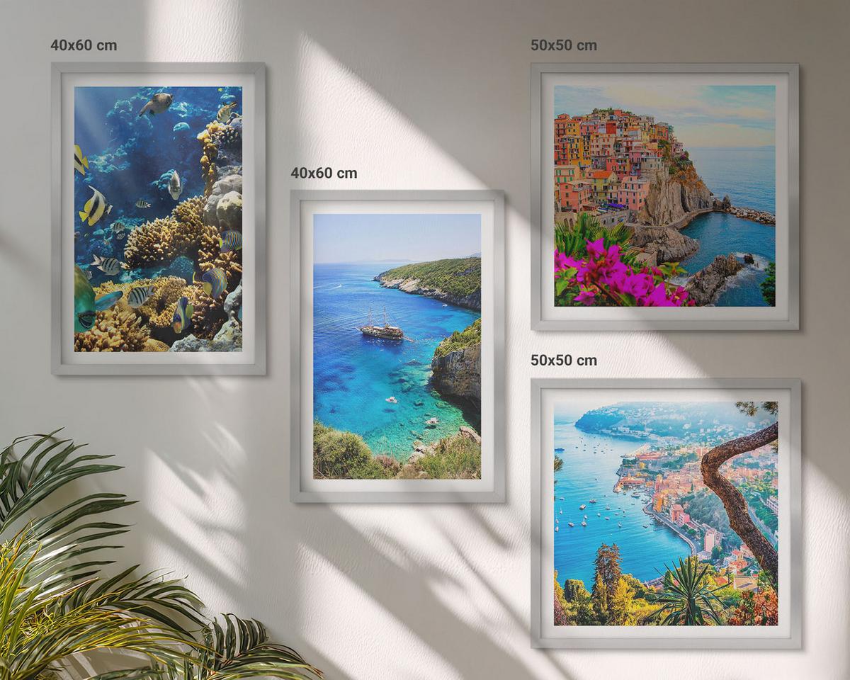 BILDER SET 4er Set - 50x50 cm & 40x60 cm Silberner Rahmen - Meerblick, farbenfrohe Häuser - Silberfarben, Kunststoff (50/50cm) - TULUP