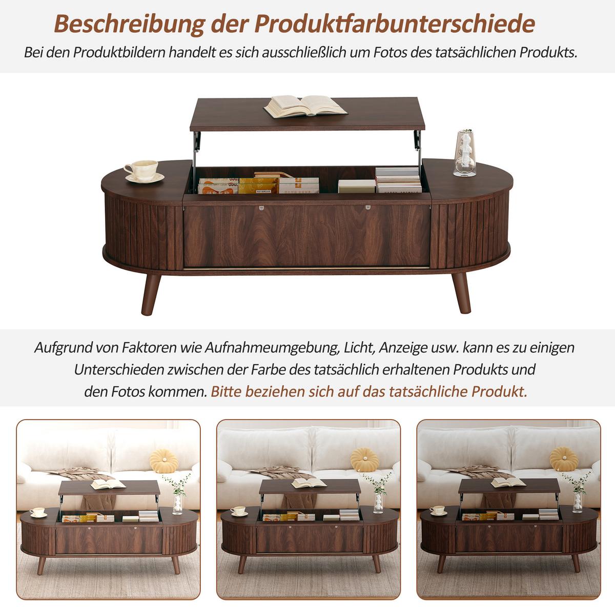COUCHTISCH Walnuss Anhebbar mit Verstecktem Stauraum & Rolltür - Walnussfarben, Holzwerkstoff (50/120/39.5cm) - Urban Meuble