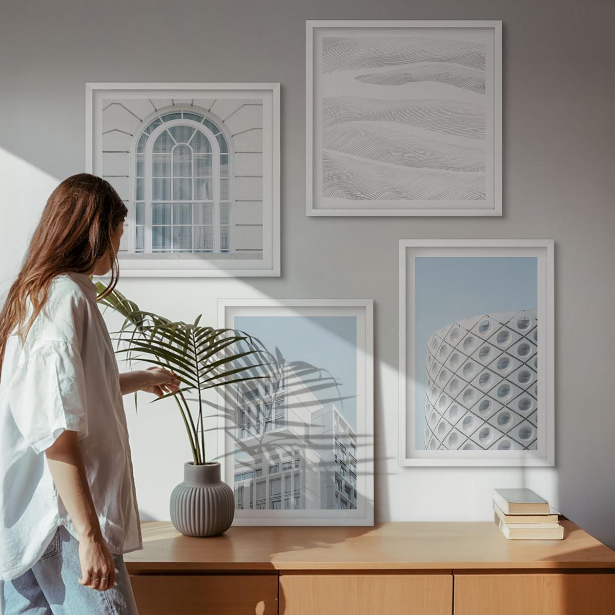 BILDER SET 4er Set - 50x50 cm & 40x60 cm Weißer Rahmen - Moderne Architekturgeometrie - Weiß, Kunststoff (50/50cm) - TULUP