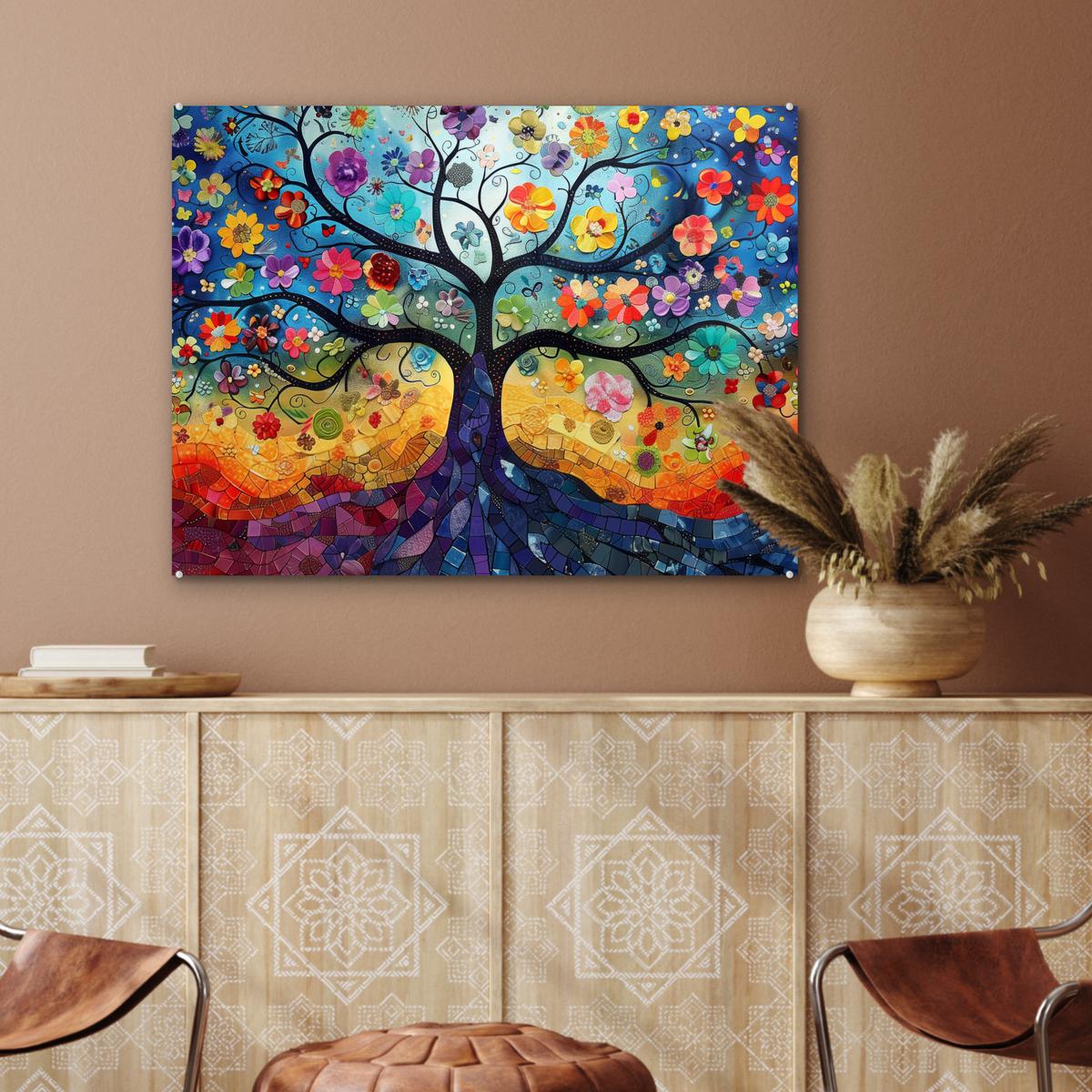 ACRYLGLASBILD Kunst - Baum des Lebens - Blumen - Hippie 80x60 cm - Dunkelblau, Glas (80/60cm) - MuchoWow