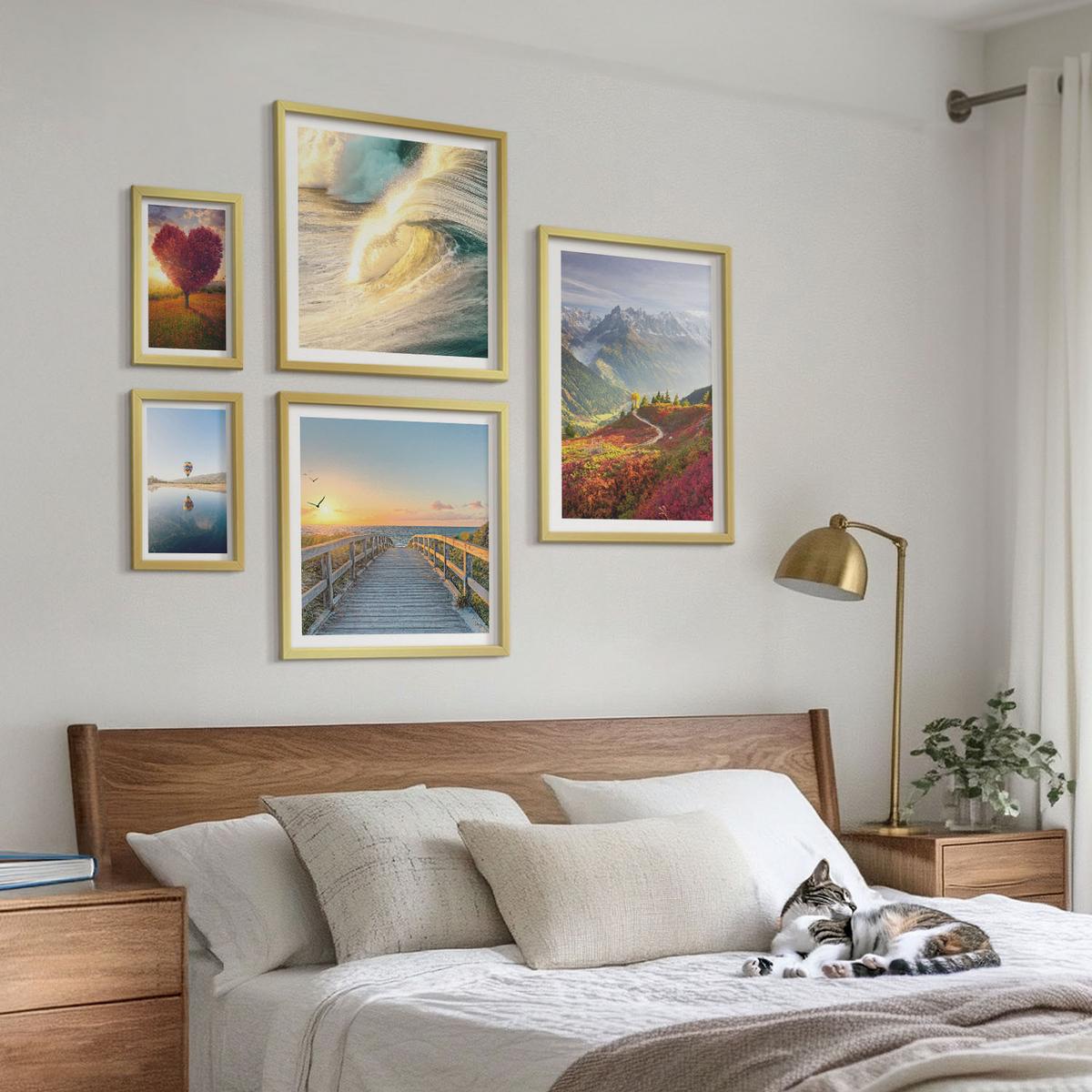 BILDER SET 5er Set - 50x50 cm & 20x30 cm & 40x60 cm Goldrahmen - Landschaften Berge Wellen Baum Herz Pier - Goldfarben, Kunststoff (40/60cm) - TULUP