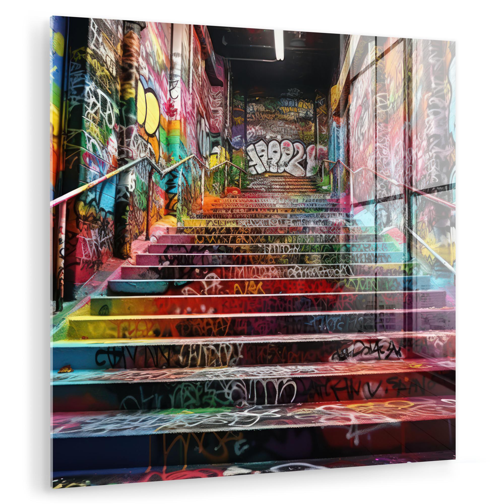 ACRYLGLASBILD Treppe - Graffiti - Farben - Kunst 50x50 cm - Multicolor, Glas (50/50cm) - MuchoWow