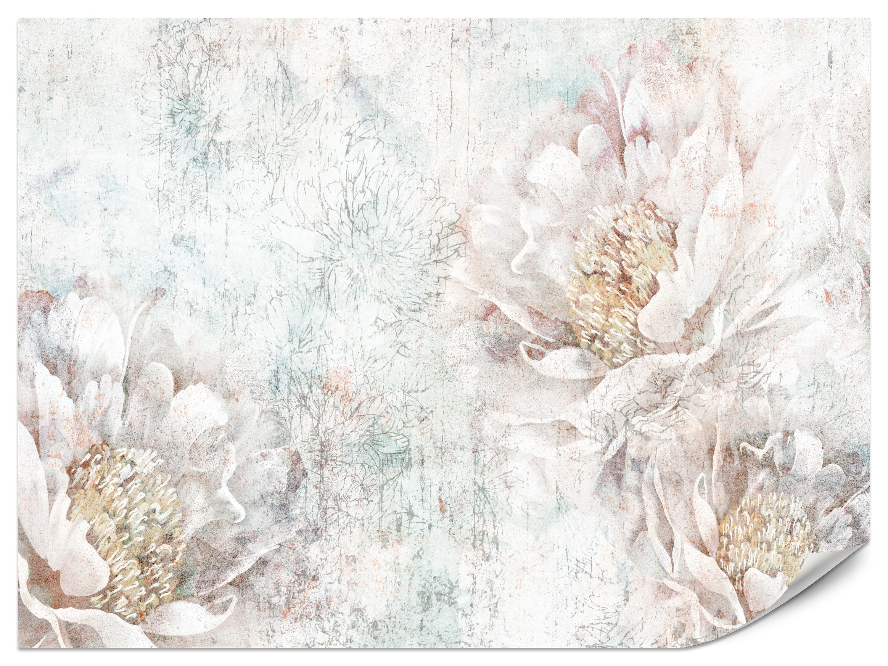 FOTOTAPETE für Büro Pfingstrosen Blumen Beton Vintage 250x175 - Gelb/Rosa, Papier (250/175cm) - Muralo