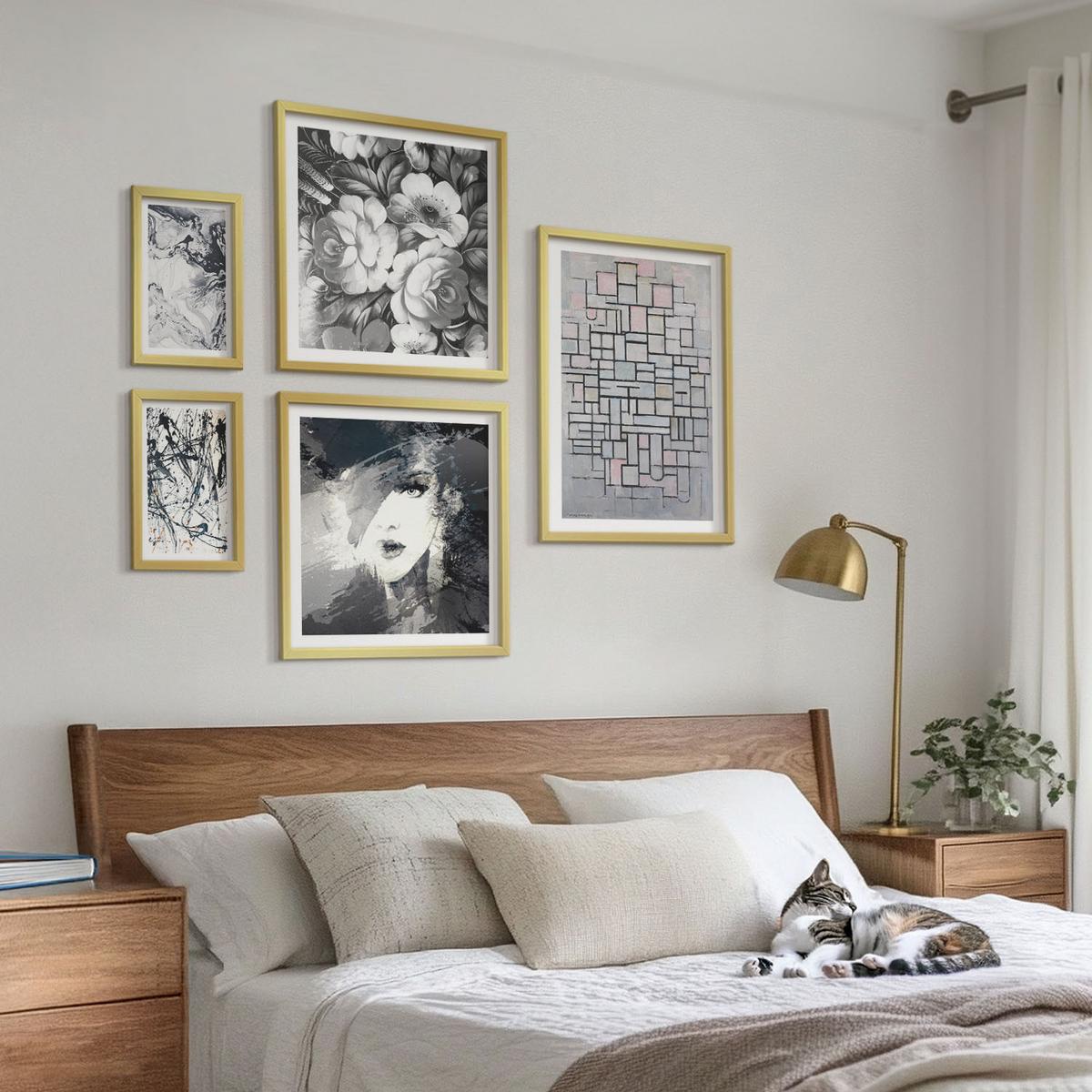 BILDER SET 5er Set - 50x50 cm & 20x30 cm & 40x60 cm Goldrahmen - Abstrakte schwarz-weiße Muster - Goldfarben, Kunststoff (40/60cm) - TULUP