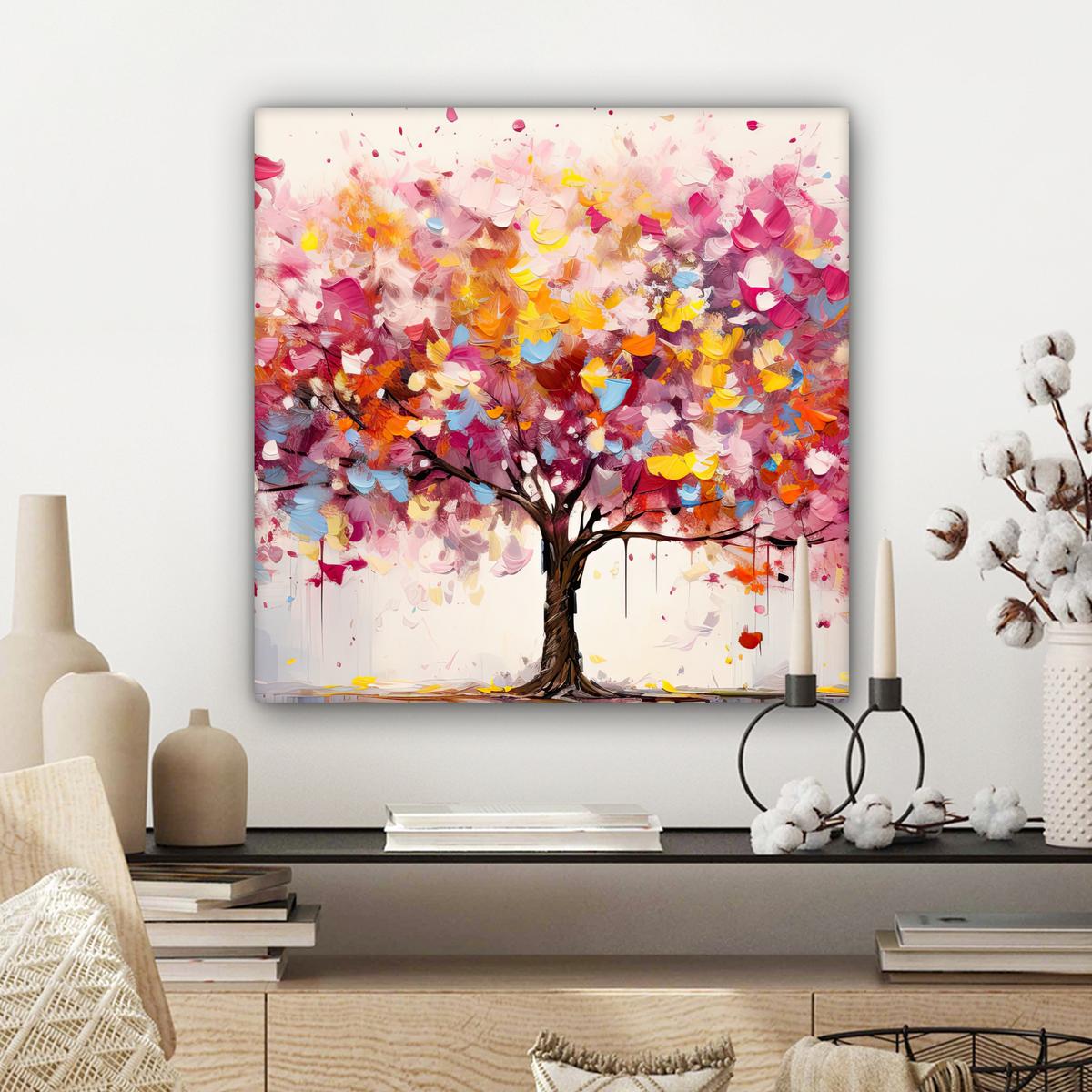 LEINWANDBILD Aquarell - Baum - Kunst - Abstrakt Wandbild Wohnzimmer 50x50 cm - Rosa, Textil (50/50cm) - MuchoWow