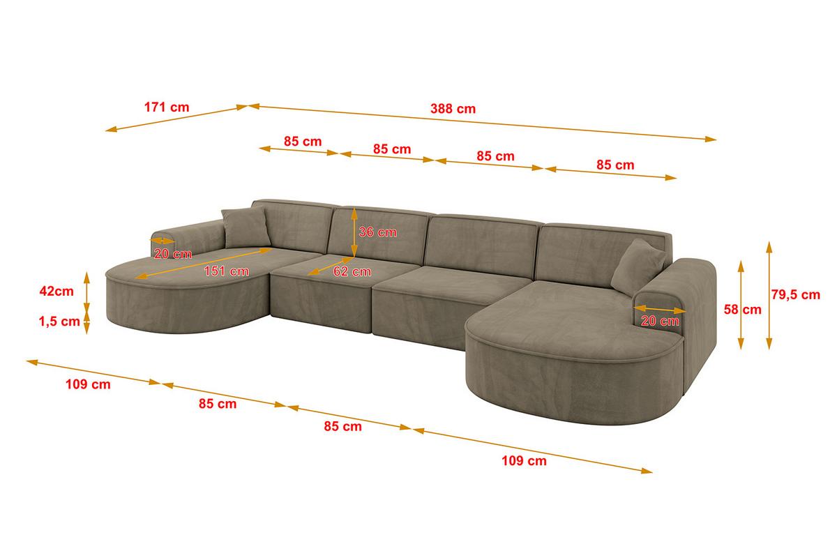 WOHNLANDSCHAFT MARI-U2 - 388x171x79 cm Dunkelbraun Velours - Dunkelbraun/Schwarz, Holzwerkstoff/Kunststoff (388/79/171cm) - ALTDECOR