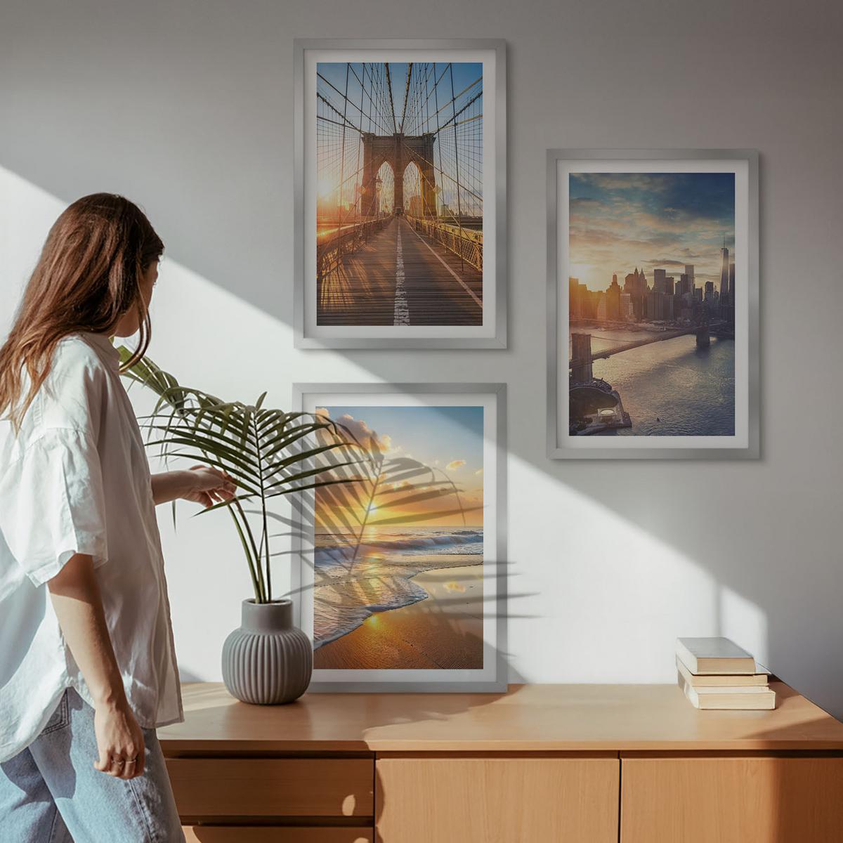 BILDER SET 3er Set - 40x60 cm Silberner Rahmen - Brücken, Sonnenuntergänge, Stadt - Silberfarben, Kunststoff (40/60cm) - TULUP